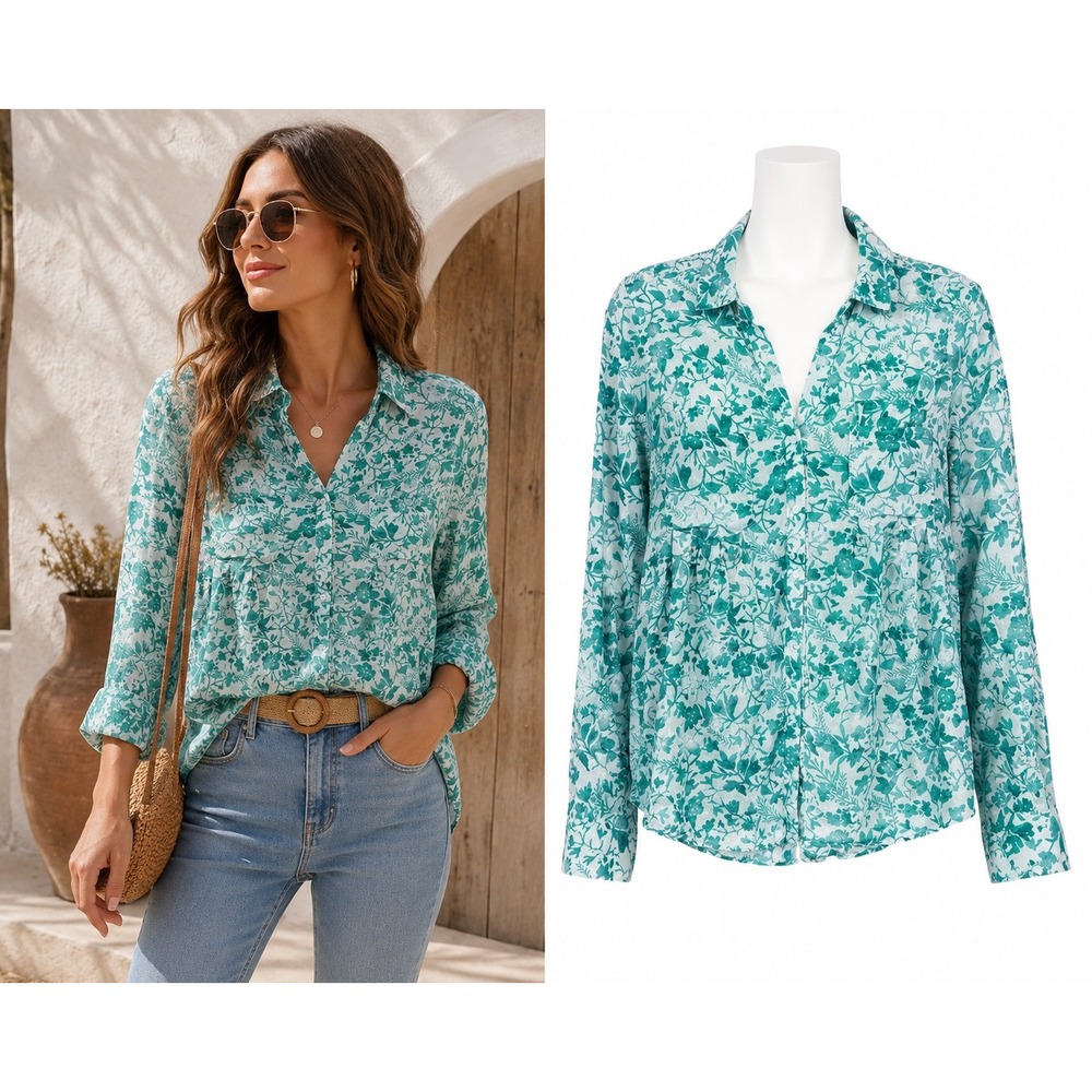 Maeve Anthropologie Green Floral Button Front Blouse Long Sleeve XS 43ASSLT2UTLA